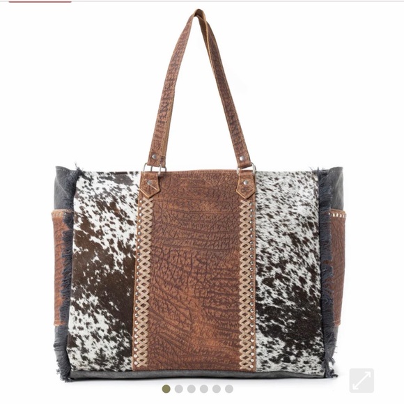 Myra Bag Brown and Black weekender Travel Bag with cowhide - Picture 4 of 6